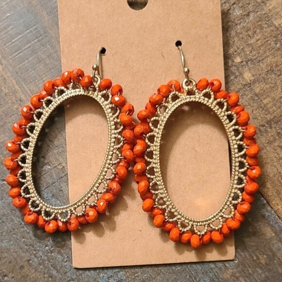 Golden Orange Beaded 2" Dangle Earrings On Shepherd Hooks So Boho So Coquette - Picture 1 of 5